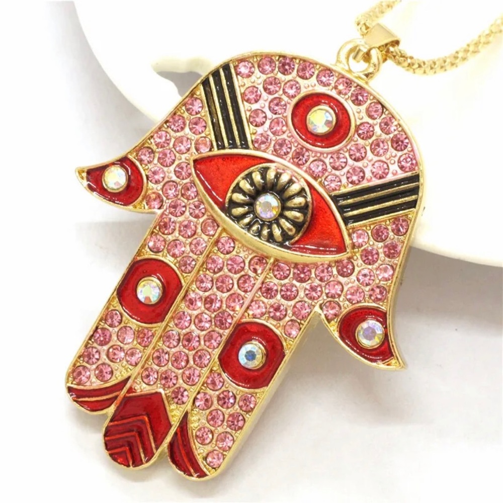 Hamsa Eye Red & Pink Enamel & Crystal Crystal Necklace with lobster clasp - Picture 4 of 5